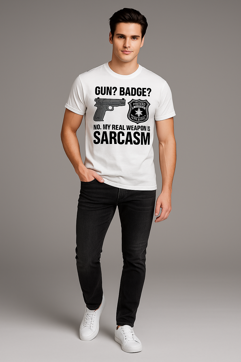 Gun? Badge? No, My Real Weapon is Sarcasm - Police T-shirt, Mocktops t-shirt