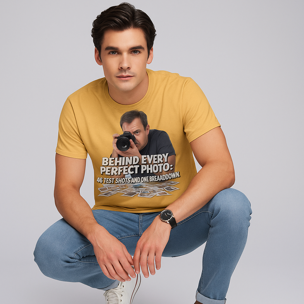 Behind Every Perfect Photo: 46 Test Shots and One Breakdown. T-shirt, Funny Photographer T-shirt, Mocktops T-shirt