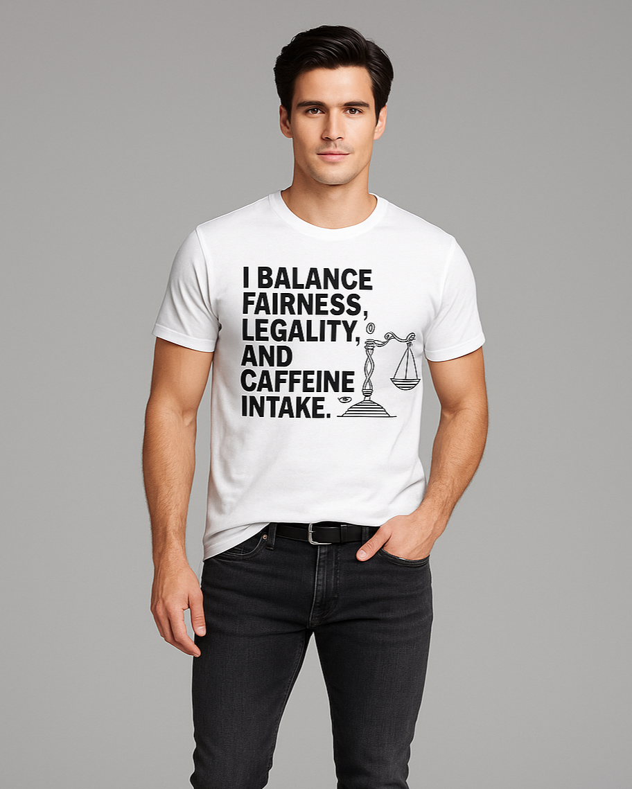 I Balance Fairness, Legality, and Caffeine Intake - Lawyer T-shirt, Mocktops t-shirt          Analysis